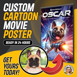Affiche de film de dessin animé personnalisée | Poster personnalisé de votre animal de compagnie inspiré de Pixar | Prêt en 24 heures | Portrait d'animal de compagnie personnalisé | Téléchargements numériques