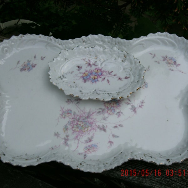 Antique  Shabby Vintage Cottage Charm Victorian Austrian Carlsbad China Vanity Tray Plate with Blue Flowers