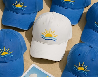 Embroidered Sun Over Waves Baseball Hat, White Cotton Dad Cap