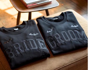 Embroidered Spooky Bride and Groom Sweatshirt, Halloween Wedding Shirts