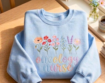 Embroidered Wildflower Oncology Nurse Sweatshirt, Pastel Floral RN Shirt