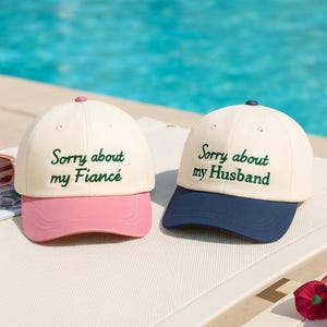 Sorry about my Husband Hat | 8 Panel Two Tone Hat | Embroidered Trendy Hat | Sarcastic Gift for Wife | Funny Women&#39;s Trucker Hat