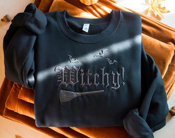 Embroidered Witchy Halloween Sweatshirt: Wiccan Bat Style
