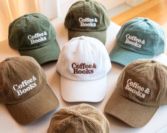 Embroidered Books and Coffee Corduroy Hat, Book Lover Gift