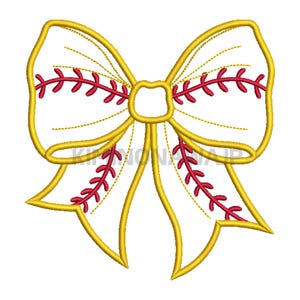 May include: A yellow bow with red stitching, resembling a baseball, is a decorative design element.