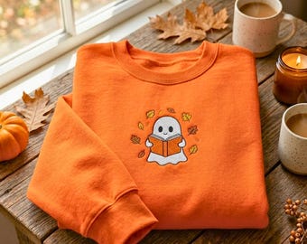 Embroidered Reading Ghost Sweatshirt, Autumn Book Lover Apparel, Cozy Fall Crewneck Sweater
