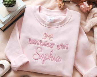 Personalized Birthday Girl Embroidered Sweatshirt, Coquette Bow Tee