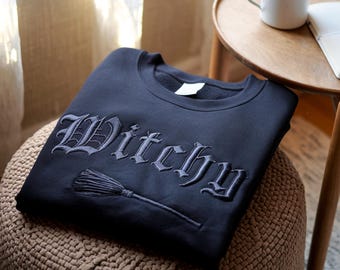 Embroidered Witchy Halloween Sweatshirt, Unisex Cotton-Blend