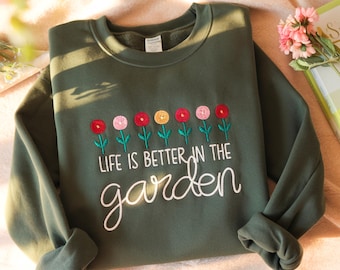 Embroidered Garden Sweatshirt, Plant Lover Gift