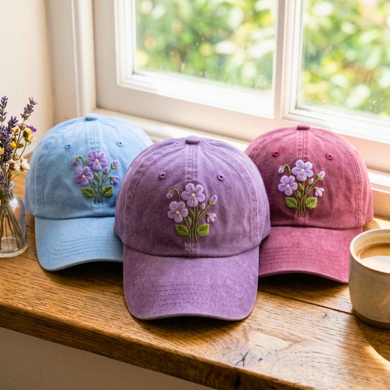 Embroidered Violet Flower Baseball Cap, Floral Cotton Washed Hat - Etsy ...