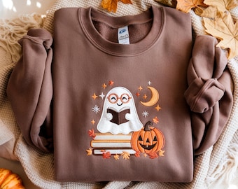Embroidered Ghost Reading Sweatshirt, Halloween Fall Crew