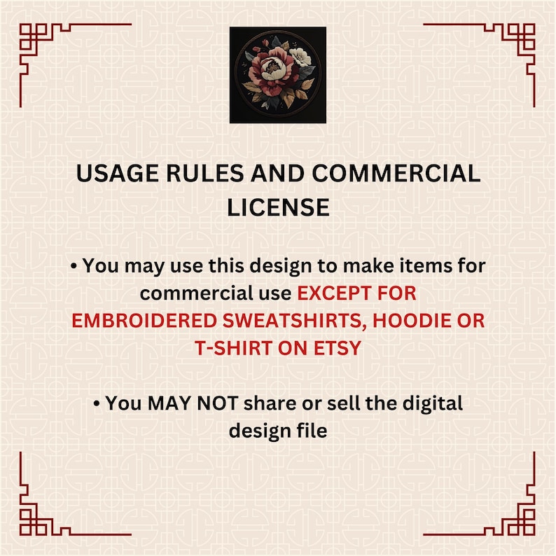May include: A graphic with usage rules and a commercial license for a design. The text states that the design can be used for commercial purposes except for embroidered sweatshirts, hoodies, or t-shirts sold on Etsy. The text also states that the digital design file cannot be shared or sold.