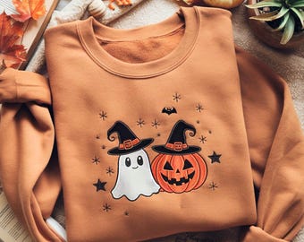 Embroidered Halloween Sweatshirt, Ghost Pumpkin Tee, Spooky Season Shirt