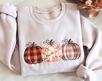 Embroidered Pumpkin Sweatshirt, Autumn Checkered Shirt