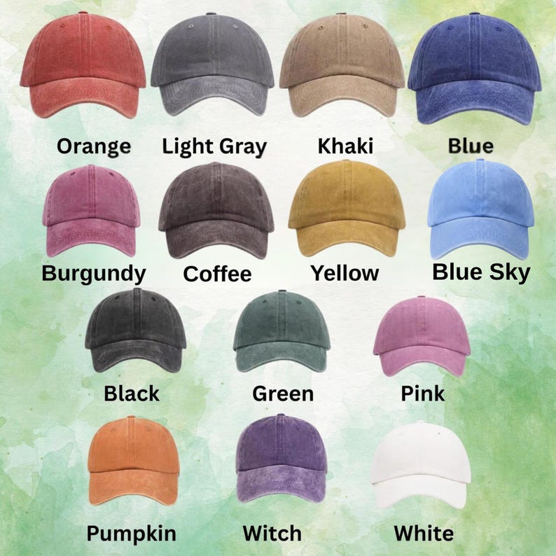 May include: A collection of baseball caps in various colors, including orange, light gray, khaki, and blue. Other colors are burgundy, coffee, yellow, blue sky, black, green, pink, pumpkin, witch, and white. Each cap has a curved brim and adjustable strap.