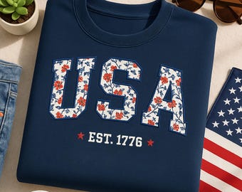 Floral USA Embroidered Sweatshirt, Patriotic 4th of July Tee