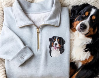 Custom Pet Portrait Embroidered Quarter Zip Sweatshirt, Personalized Dog or Cat Name