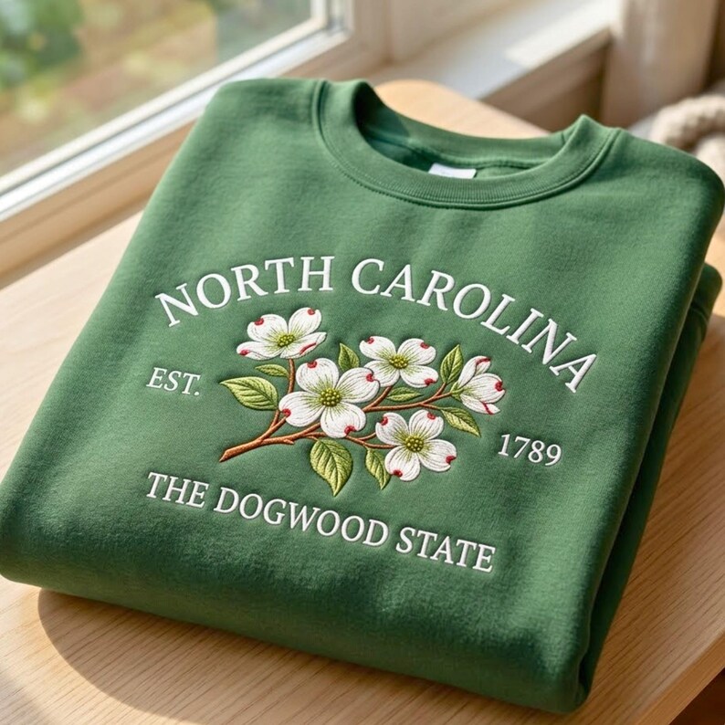 May include: A forest green crewneck sweatshirt featuring white embroidered text that reads NORTH CAROLINA EST. 1789 THE DOGWOOD STATE. Centered is an embroidered illustration of white dogwood flowers with green leaves and brown stems.