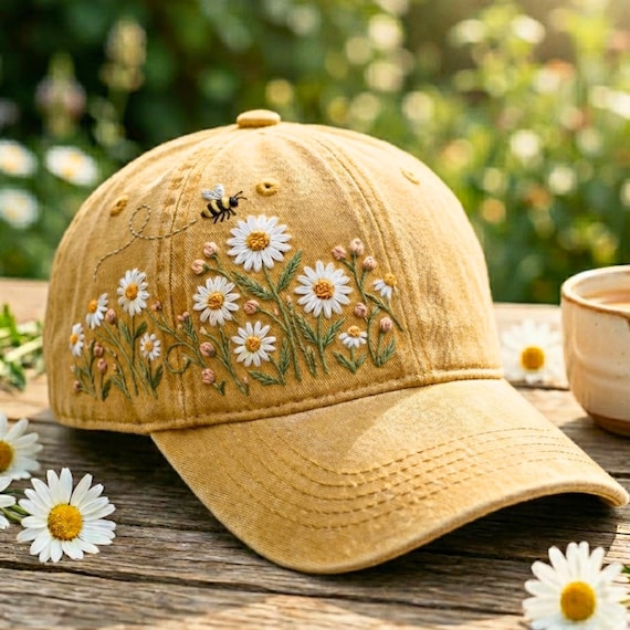 Embroidered Daisy Baseball Cap, Washed Cotton Summer Hat, Floral Bee Design