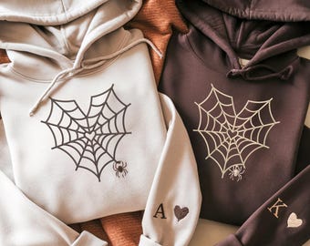 Embroidered Spider Web Heart Couple Hoodie - Halloween Valentine's Day Matching Sweatshirts