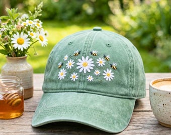 Embroidered Daisy and Bees Washed Cap, Boho Summer Hat, Gardener Accessory