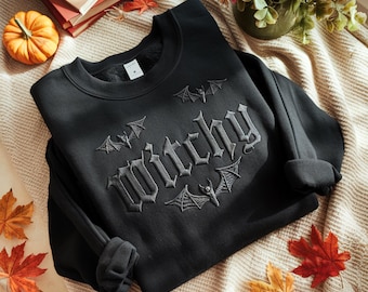 Embroidered Witchy Halloween Sweatshirt: Wiccan Bat Style