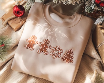 Embroidered Gingerbread Christmas Sweatshirt – Holiday Crewneck Gift