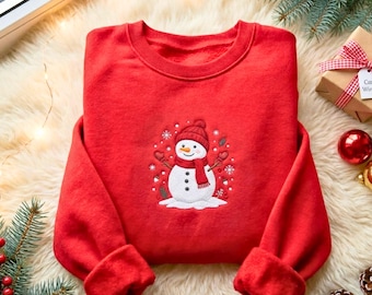 Embroidered Snowman Christmas Sweatshirt: Let It Snow Xmas Crewneck Sweater