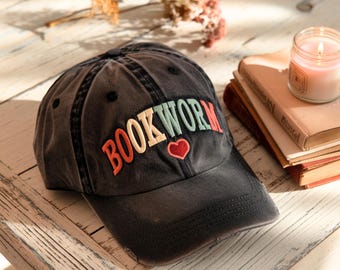 Bookworm Embroidered Washed Cap, Teacher Reading Hat