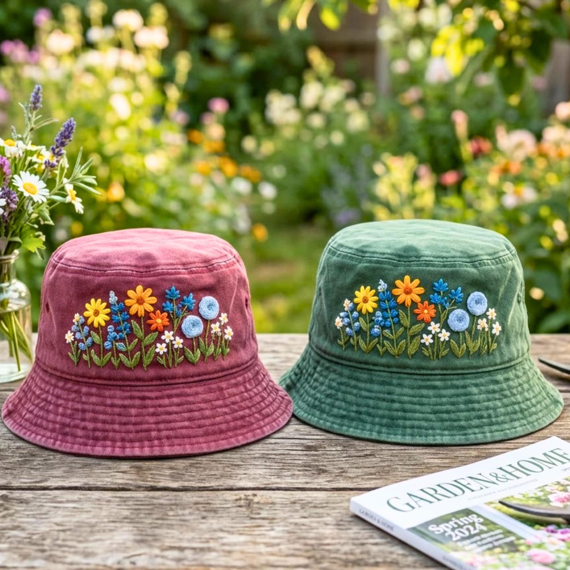 Floral Embroidered Bucket Hat - Etsy