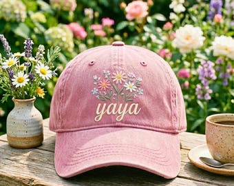 Embroidered Yaya Floral Washed Cotton Cap, Personalized Nana Gift