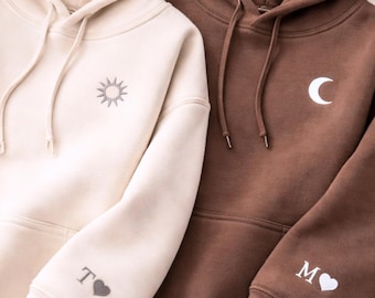 Embroidered Couples Sweatshirt: Sun and Moon, Initial Sleeve Detail