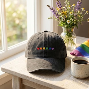 May include: A charcoal gray baseball cap featuring a row of six small embroidered hearts in red, orange, yellow, green, blue, and purple. The cap has a structured crown, a curved brim, and a button at the top center of the fabric panels.
