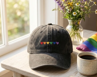 Rainbow Hearts Embroidered Dad Cap: Unisex Pride Baseball Hat