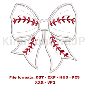 Op de afbeelding: Wit strikdesign met rode honkbalstikseldetails. De strik is een digitaal borduurontwerp. De tekst onderaan luidt: Bestandsformaten: DST - EXP - HUS - PES XXX - VP3.