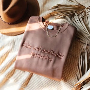Peut inclure: Un sweat-shirt mauve avec le texte brodé "Cute and medically expensive". Un collier chaîne doré est posé sur le vêtement. Un chapeau marron est visible en arrière-plan. Le sweat-shirt est de ton sourd.