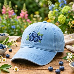 May include: A light blue baseball cap featuring an embroidered design of a cluster of dark blue blueberries with green leaves centered on the front panel. The cap has a curved brim and stitched eyelets on the crown, constructed from fabric.
