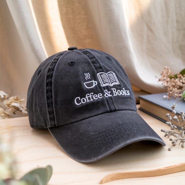 Embroidered Denim Book Hat, Coffee & Books, Reader Gift