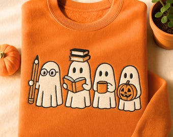 Embroidered Halloween Teacher Sweatshirt, Spooky Ghost Design