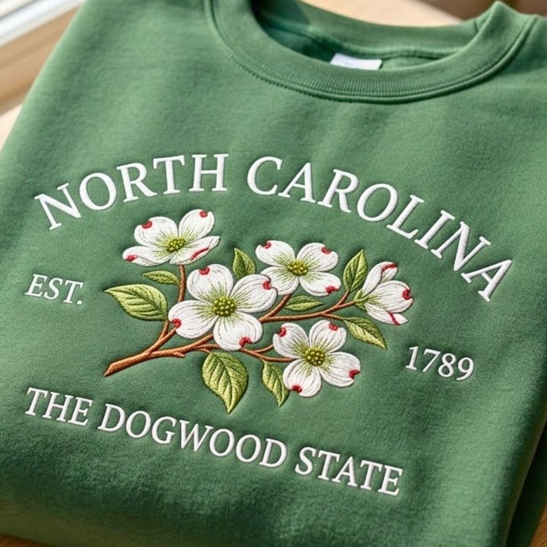 May include: A forest green crewneck sweatshirt featuring white embroidered text that reads NORTH CAROLINA EST. 1789 THE DOGWOOD STATE. Centered is an embroidered illustration of white dogwood flowers with green leaves and brown stems.