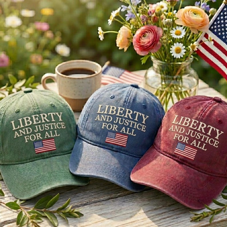 May include: Three baseball caps in green, blue, and burgundy, each with the text "LIBERTY AND JUSTICE FOR ALL" and an American flag graphic. The caps are arranged on a wooden surface with a cup of coffee, flowers, and an American flag in the background.