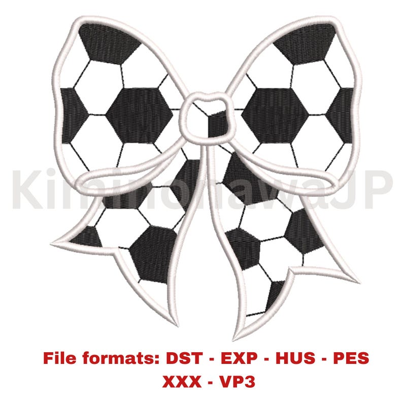 May include: A white and black soccer ball patterned bow. File formats: DST - EXP - HUS - PES - XXX - VP3.