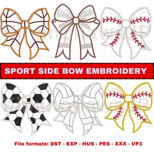 Sport Side Bow Appliqué Bundle EMBROIDERY DESIGN, Basketball - Baseball - VolleyBall - Soccer - Softball - Football Coquette Bow 5 sizes