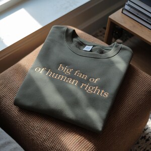May include: An olive green sweatshirt with the text "big fan of human rights" in a light brown color. The sweatshirt is folded and resting on a brown cushion. The image is taken in natural light.