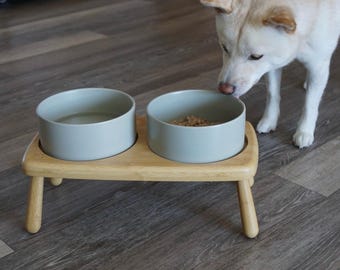 Elevated Double Dog Bowl: Bamboo Stand with Ceramic Bowls, Medium/Large Dogs