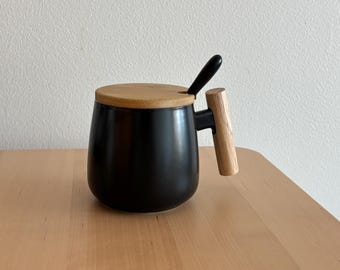 Nordic Ceramic Coffee Mug with Wooden Lid & Spoon