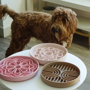 K&ouml;nnte beinhalten: Drei Futtern&auml;pfe f&uuml;r Hunde mit langsamer F&uuml;tterung in Rosa- und Braunt&ouml;nen stehen auf einem wei&szlig;en Tisch. Die Schalen haben unterschiedliche Designs: eine Blume, ein Blumenmuster und geschwungene Linien. Im Hintergrund ist ein brauner Hund mit lockigem Fell zu sehen.