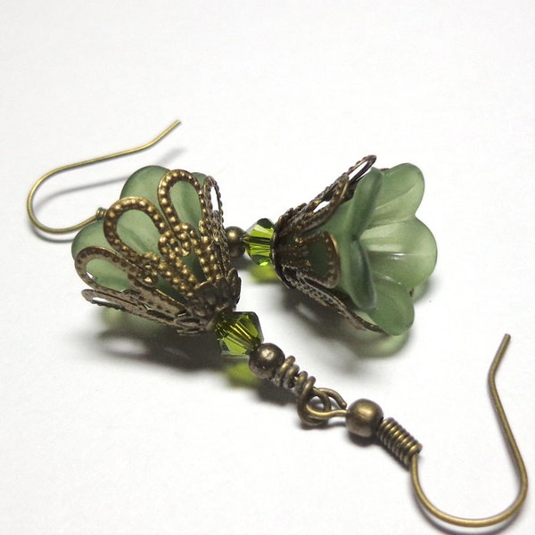 Green Swarovski Crystal Earrings, Green Earrings, Lucite FlowerEarrings, Antique Brass, Spiritcatdesigns