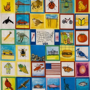 May include: A colorful grid of 36 squares, each containing a different image. The images include a baseball cap, a cat, a whale, a carrot, a school bus, a bee, a mountain range, a plane, a canoe, a moose, a tree, a lake, a cardinal, an eagle, a truck, a fish, a cowboy hat, a guitar, a tomato, a bluebird, a balloon, a fish, a Statue of Liberty, a book, a bicycle, a field of wheat, a bird, a car, a dinosaur, a map of the United States, a bison, a ladybug, a bell, a dog, a palm tree, an umbrella, a teddy bear, an orange, and a bird.