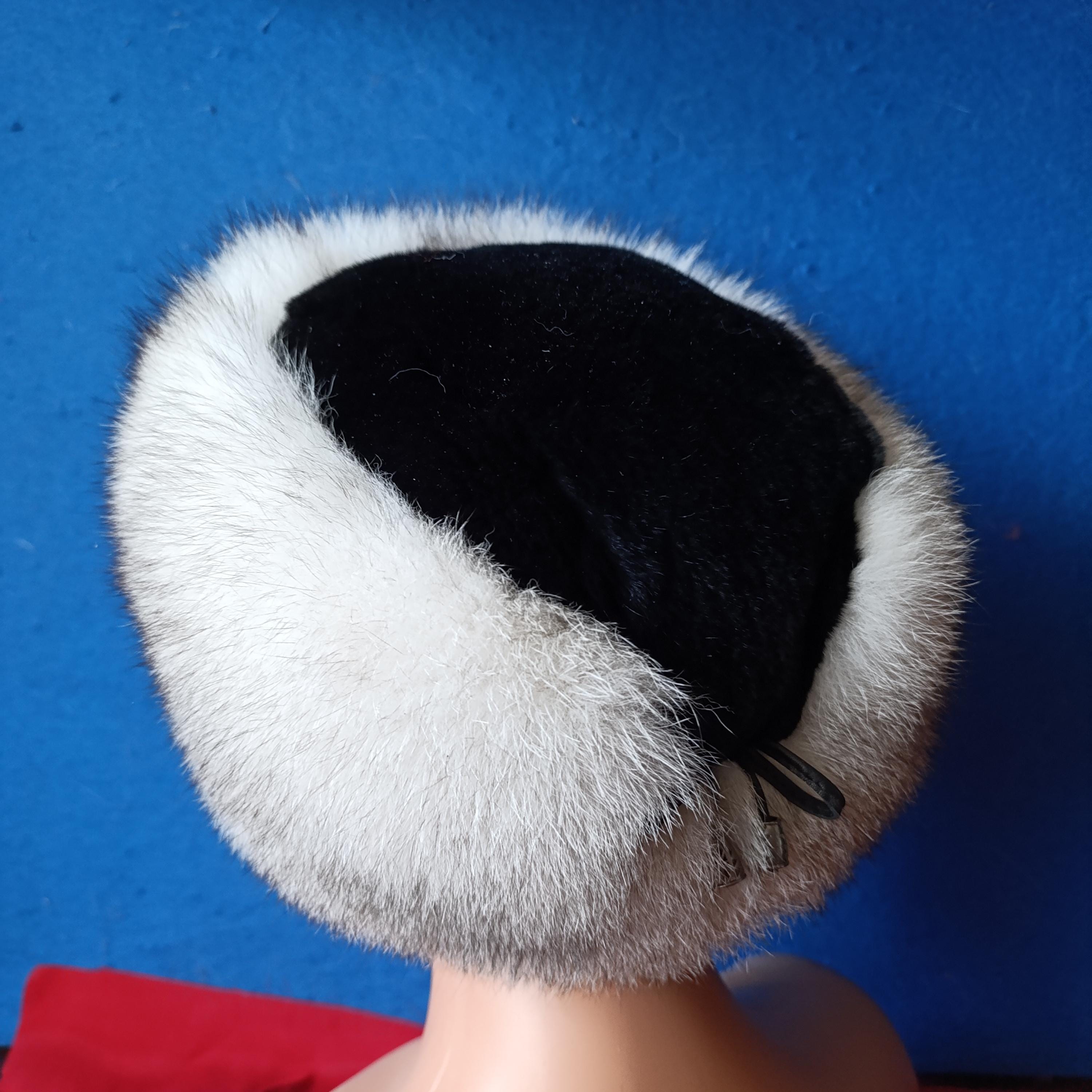 Real rabbit, hat, or scarf, very soft, black, and white Rabbit Fur Cuff Hat with Suede Crown – Surell Accessories main image 2